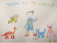 A child's drawing of Huggy Wuggy and other mascots thanking Elliot Ludwig.