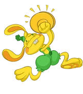 Bunzo jumping in the air with joy.