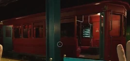Train cars in the main lobby