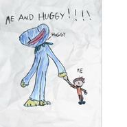 A child's drawing of Huggy Wuggy walking with a kid.