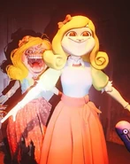 A static mesh of the mascot version of Miss Delight next to the damaged counterpart.