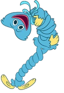 A mural of Huggy Wuggy twisting his arms and legs to the fullest.