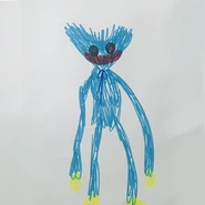 A child's drawing of Huggy Wuggy standing.