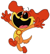 A unused artwork of DogDay jumping and looking up.