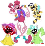 A unused artwork of Mommy Long Legs, Bobby BearHug, CraftyCorn and Cat-Bee playing dress up.