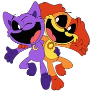 A unused artwork of DogDay and CatNap hugging each other.