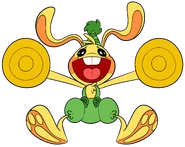 A mural of Bunzo leaping in the air with joy.