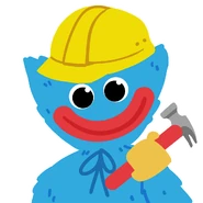 A mural of Huggy Wuggy with a hardhat and a hammer.