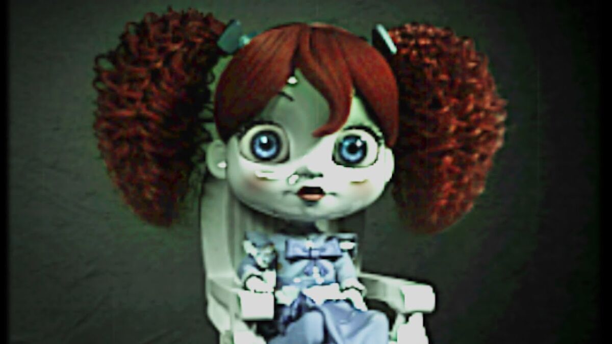 Close-up of poppy playtime character with vhs filter