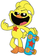 A merch render of KickinChicken holding his skateboard and pointing to himself.