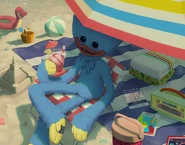 Huggy sitting under a beach umbrella while holding a tropical beverage in Amber's 2024 summer artwork.