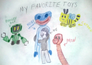 A child's drawing of Huggy Wuggy alongside other mascots, listing their favorite mascots.