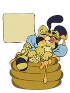 A mural of Cat-Bee seen dipping herself in a bee hive, appearing full of honey.