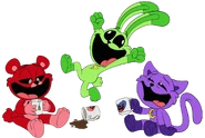 A unused artwork of Bobby BearHug, Hoppy Hopscotch and CatNap drinking coffee.