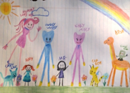 A child's drawing of Huggy Wuggy and all the other mascots created by Playtime Co.