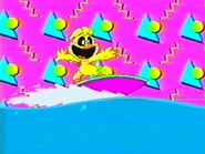 KickinChicken riding a wave on a surfboard in the intro.
