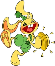 A mural of Bunzo Bunny clapping with his cymbals.