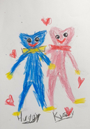 A child's drawing of Huggy Wuggy with Kissy Missy together.