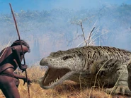 An Aboriginal Australian encountering a Megalania.