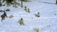 Two Megaloceros being pushed into trees by a hunting party of Cro-Magnons.
