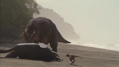 T. rex crunching through the plastron of a turtle with five tons of bite force