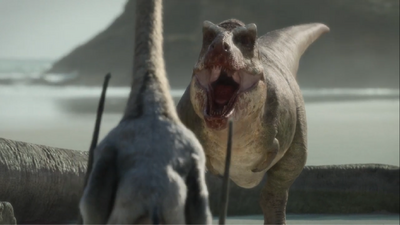 T. rex roars back at the pair of Quetzalcoatlus