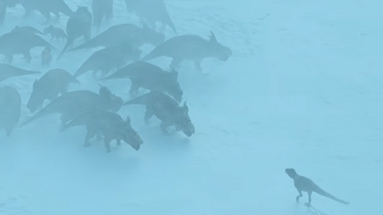 Pachyrhinosaurus herd in a standoff against a Nanuqsaurus assault
