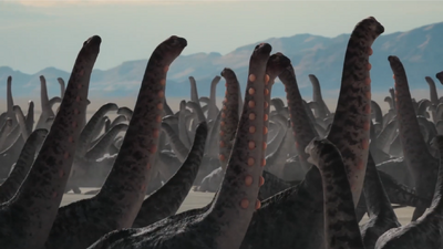 Several male Dreadnoughtus show off their air sacs to the females