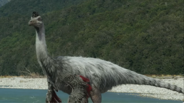 An Ornithomimus making sure that a pair of hadrosaurs don't eat his nest