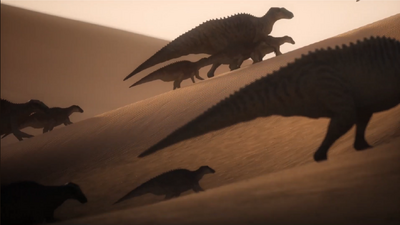 From the example set by the older members, the young Secernosaurus within the herd learn that journeying through the desert is the key to finding their salvation from it