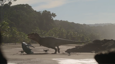 T. rex flips over a dead turtle, pragmatically choosing to scavenge rather than unnecessarily expend effort in hunting live prey at all times