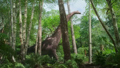 Austroposeidon herd traveling through a forest