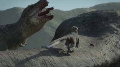 T. rex tearing through the tough flesh of an Alamosaurus
