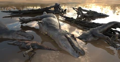 A group of dead tyrannosaurus being scavenged by a crocodilian. Credit: Victor Leshyk.