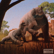 Artwork of Megalania attacks a wounded Diprotodon