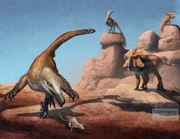 Illustration of Velociraptor chases Catopsbaatar