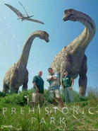 Promotional poster showcasing Nyctosaurus, two titanosaurs, and the Ornithomimus chicks.