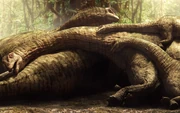 A family Cedarosaurus sleep into the heart of the forest