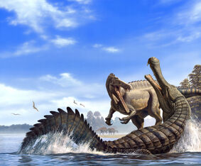Sarcosuchus atacando a  (Crédito: Raúl Martín).