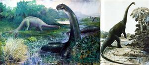 Two classic sauropod paintings by Knight. Left- Brontosaurus, painted in 1897. Right- Diplodocus, painted in 1907