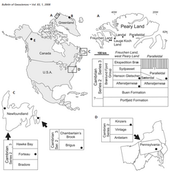 Карта находок образцов Yochelcionella в Северной Америке (2008)