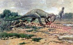 Allosaurus preying on Apatosaurus, 1904 Charles Robert Knight