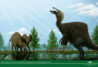 Дейнохейр, завролофы (слева), немегтозавры (на заднем плане)