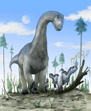 Camarasaurus-trampling-baby-ceratosaurs-mark-p-wittonscience-photo-library
