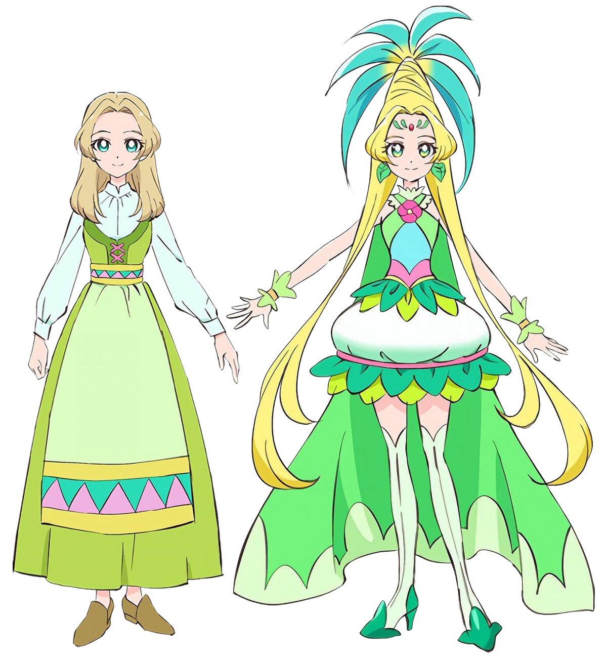 Character design of a lime green precure with yellow-orange eyes