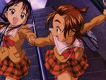 Saki and Mai running down the stairs together while holding hands