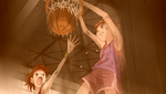Rin dunking the ball into the basket (flashback)