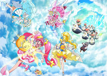 Promotional art of Cure Star, Cure Yell, Cure Ange, and Cure Étoile, escaping from the Darkness Police