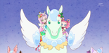 Parfait and Pekorin ride on the crystal pegasus together