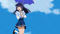 Reika uses an umbrella to fly through the sky